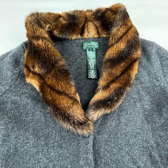 OLGA | Ralph Lauren S Faux Fox Fur Collar Wool Cashmere Blend Gray Cardigan - Picture 3 of 6